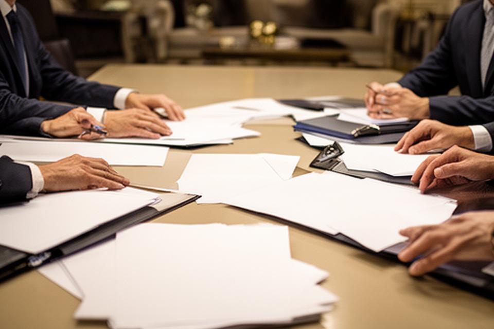 Equipo jurídico analizando expedientes sobre una mesa amplia en una sala elegante y ordenada